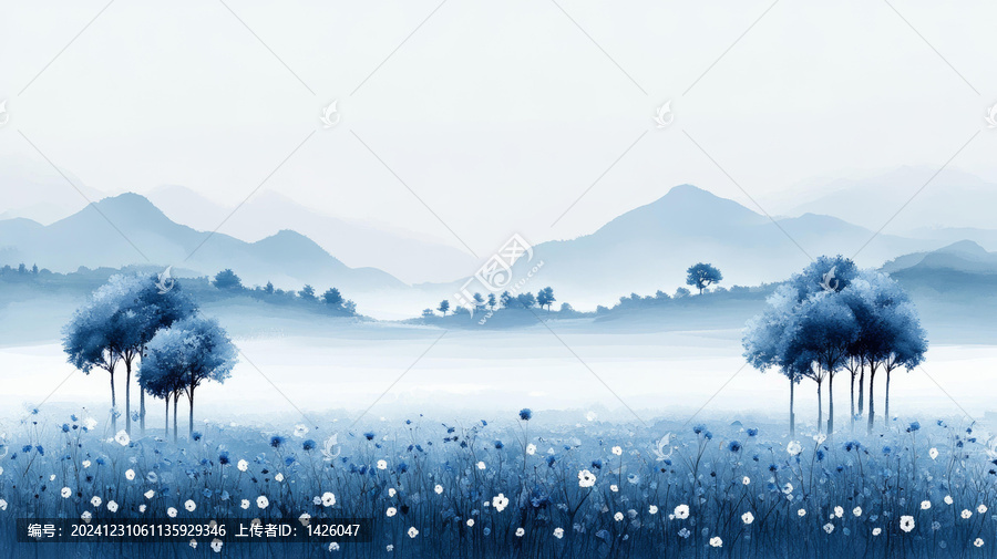 宁静的蓝色山峦风景画