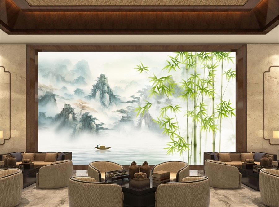 新中式抽象江山如画竹子背景墙装饰画
