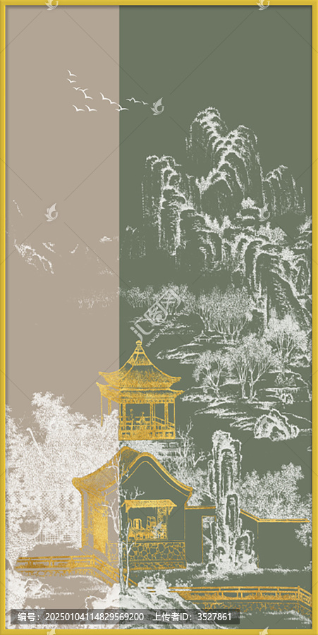 新中式线描山水古建筑玄关装饰画背景墙