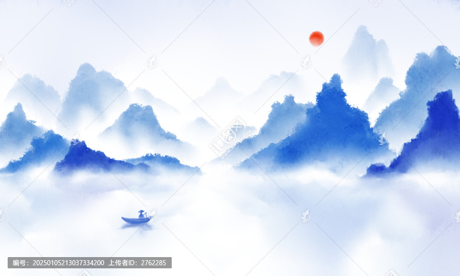 国风水墨落日垂钓山水画