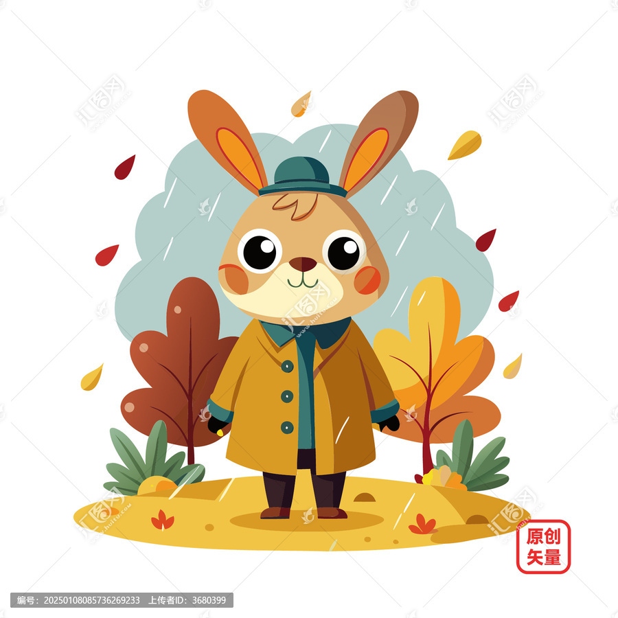 矢量插图动物可爱秋天落叶下雨小兔子
