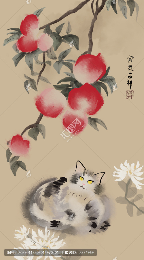 手绘桃子吉祥装饰画