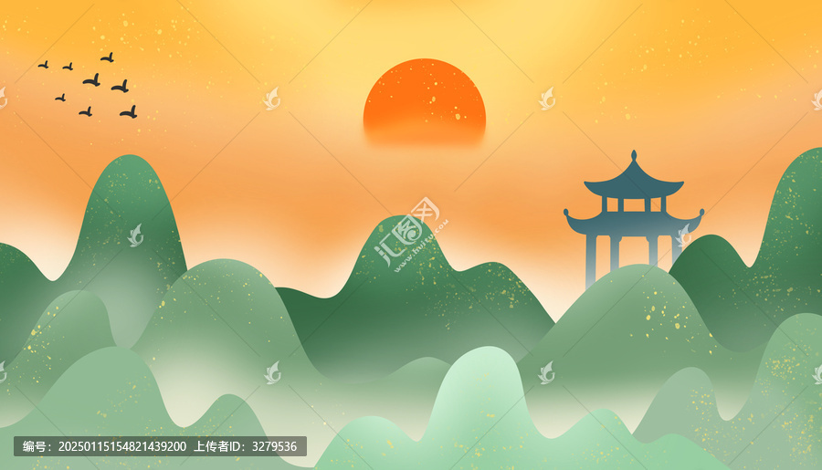 国潮古风水彩日出日落山水风景画