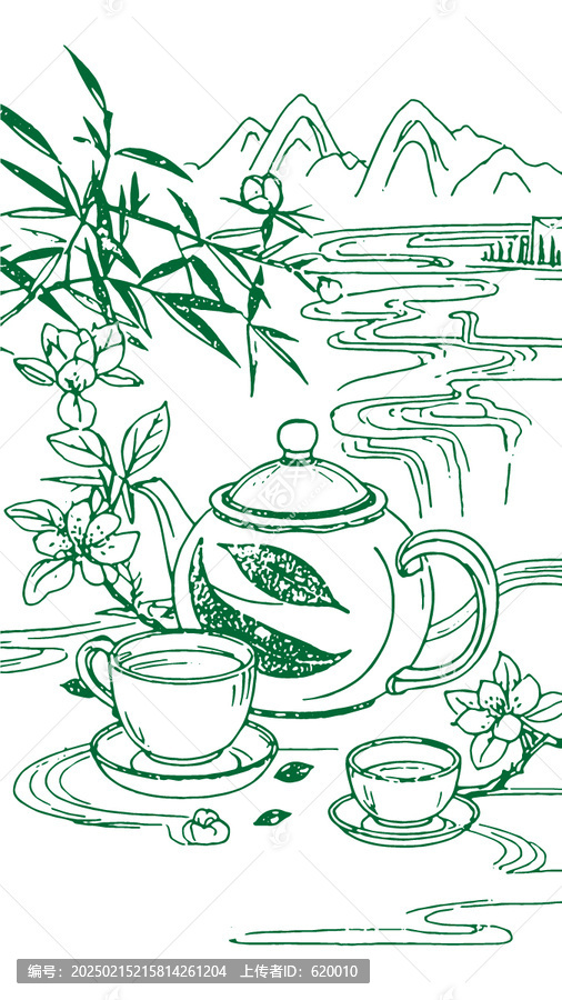 中国风茶元素素描线稿包装设计底纹矢量图