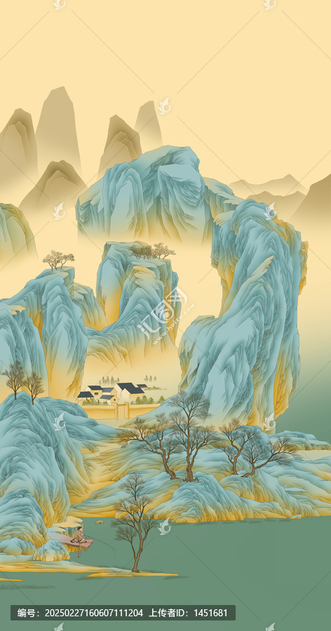 手绘青绿山水立轴