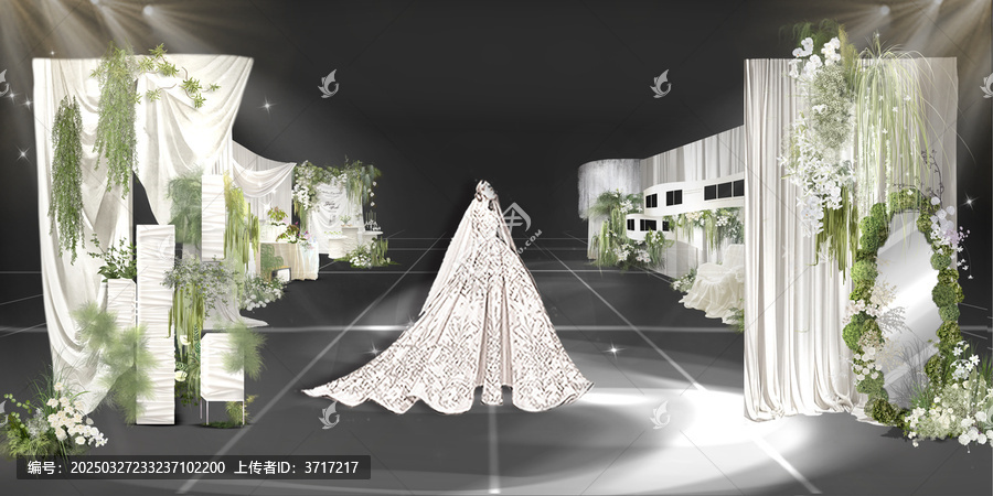 白绿色韩式小众布幔婚礼通道全景