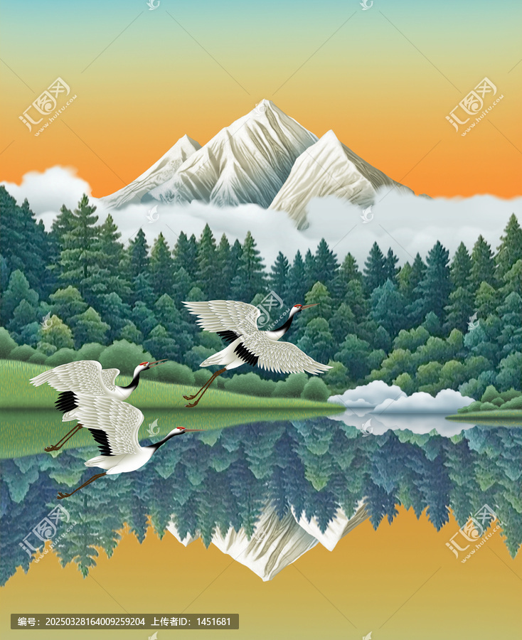 手绘高原雪山森林湖泊