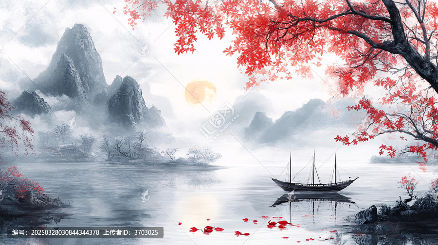 红叶古风山水画