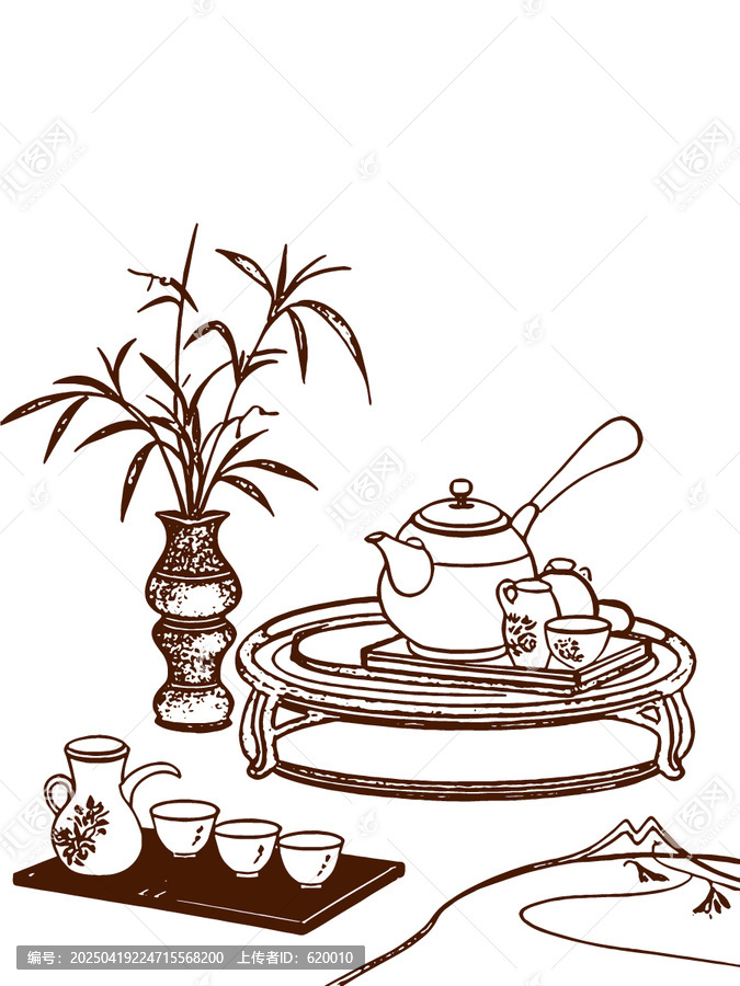 中国风茶元素手绘线稿茶包装设计底纹矢量
