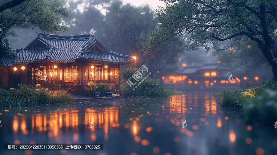雨中的中式庭院景象