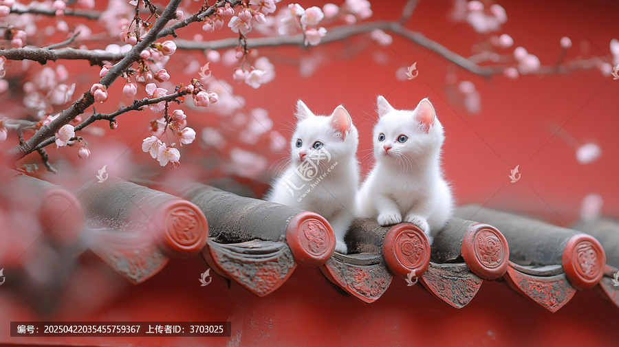 两只白猫赏春日花开的景象