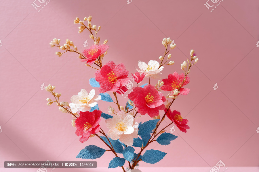 粉色背景上的纸花花束