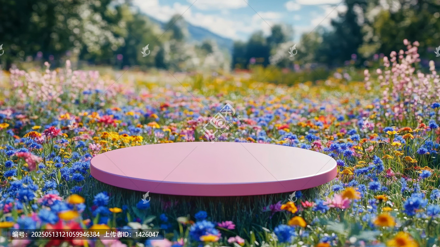 五彩花海中的粉红色圆形展示台