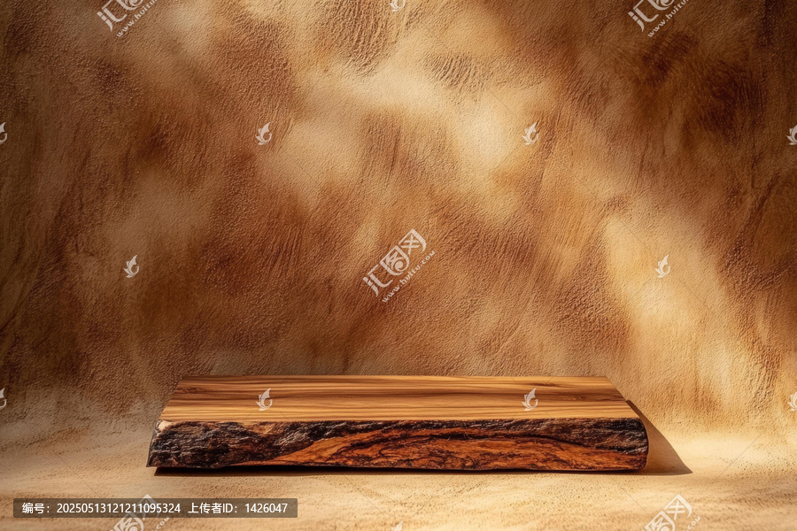 纹理墙背景上的木质展示台