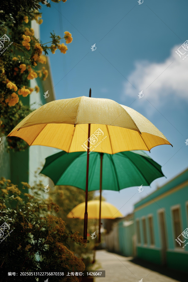 阳光小巷的彩色雨伞