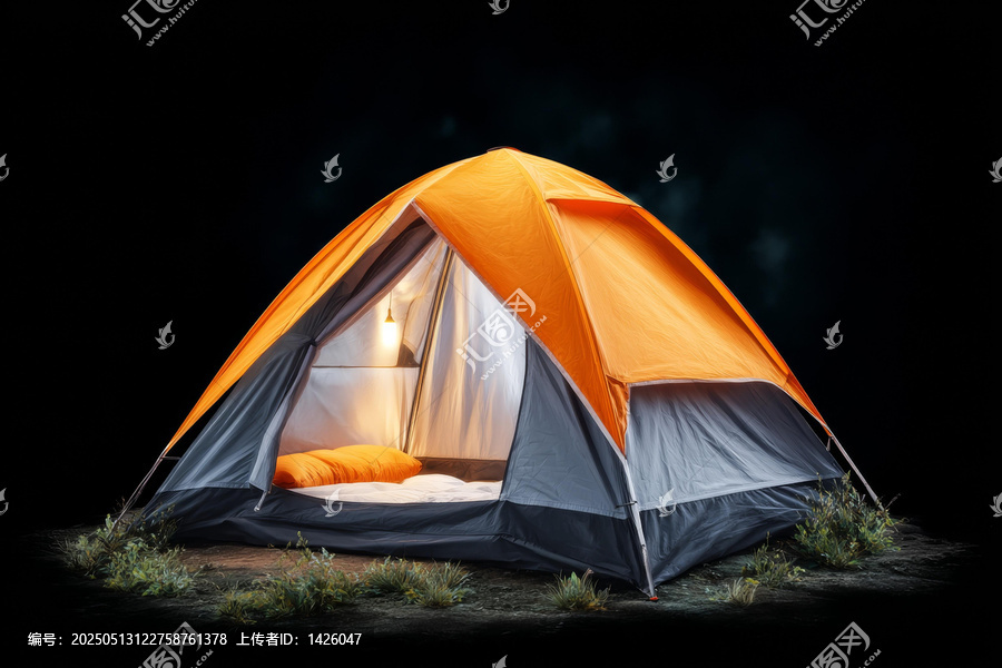 夜晚的橙色灰色帐篷