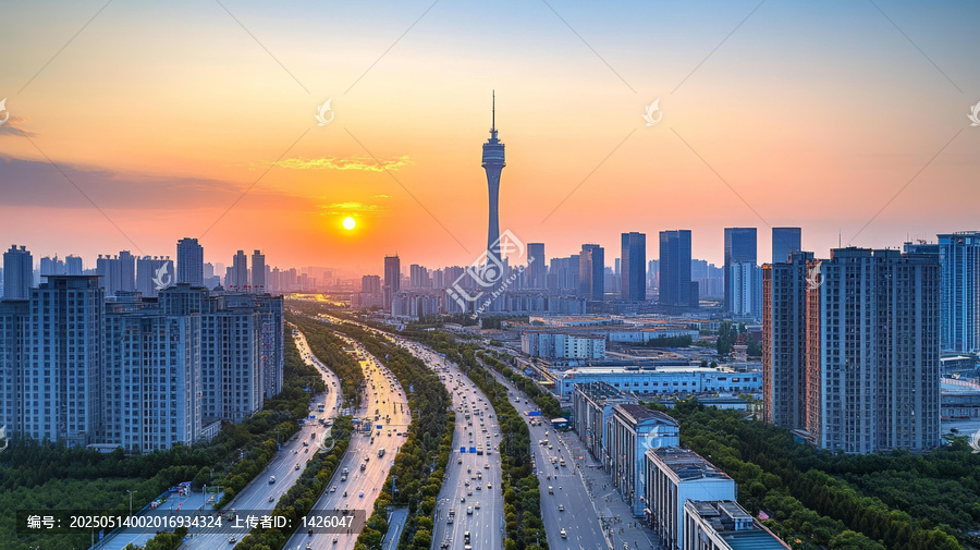 现代城市日出天际线
