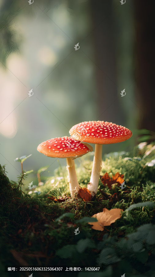 森林中两朵红色的蘑菇