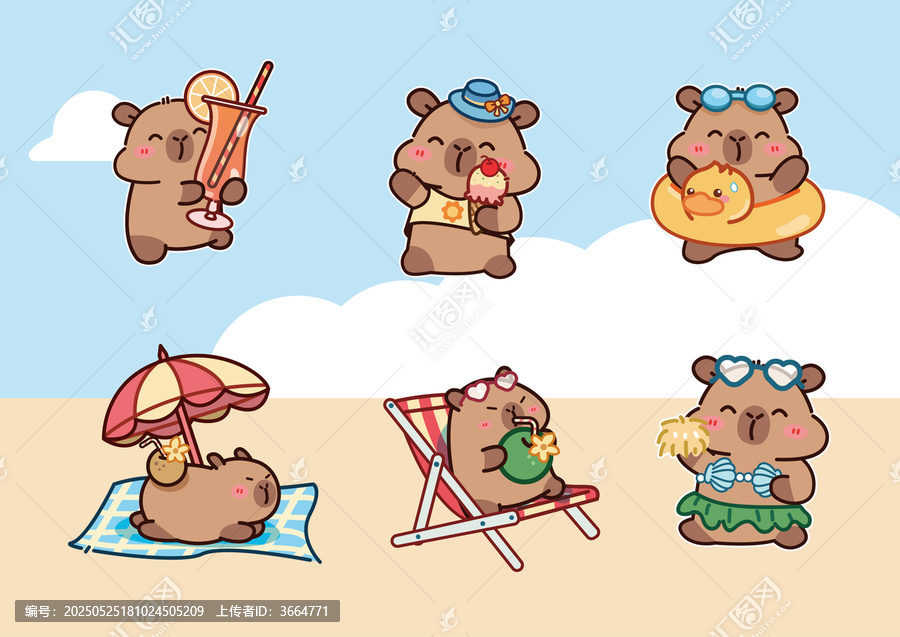 夏日凉爽海滩卡皮巴拉水豚