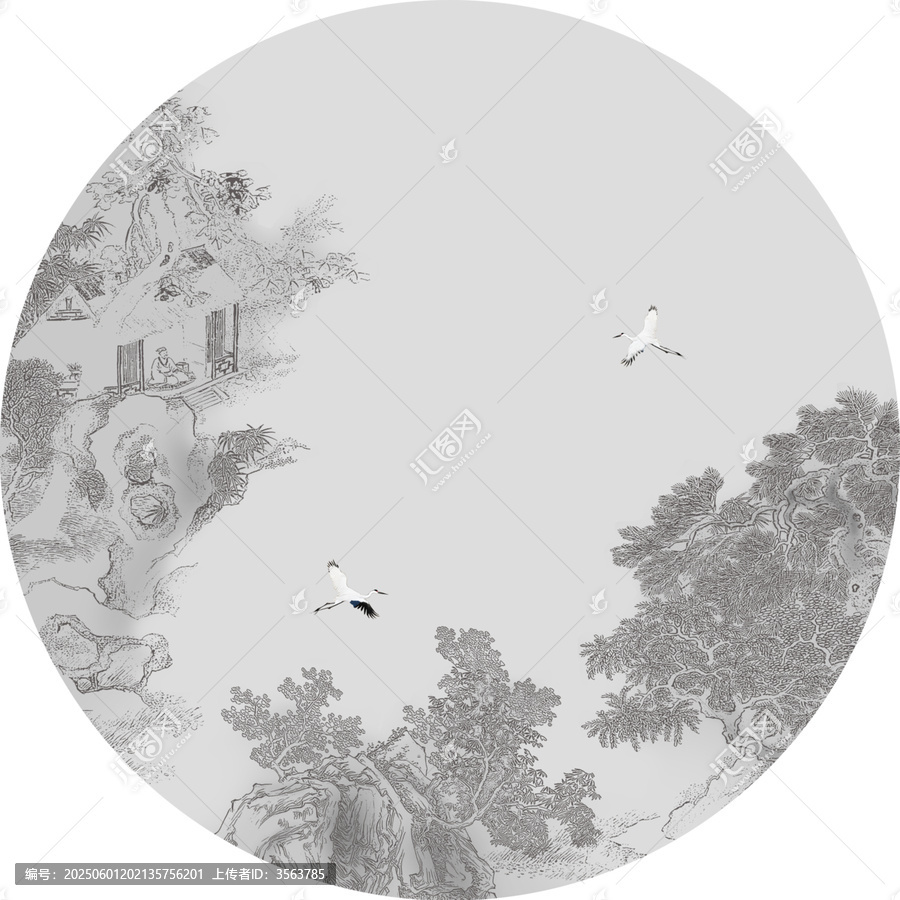 手绘圆形山水禅意画国画