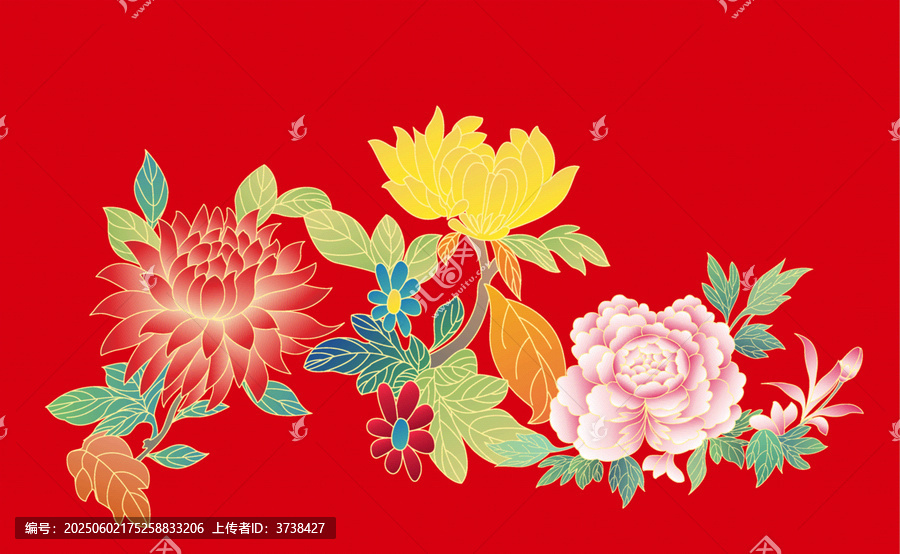 中式红底多彩花卉图案