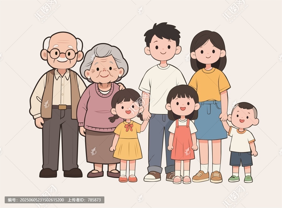 卡通家庭人物三胎