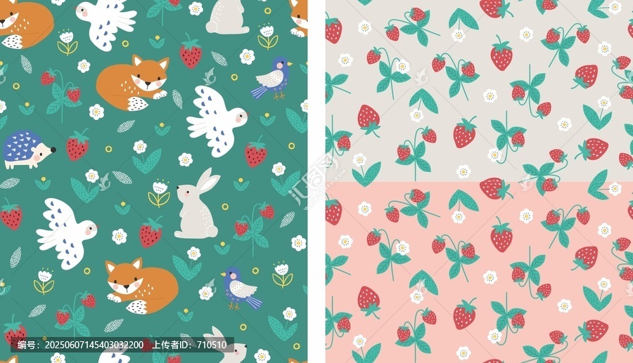 刺猬狐狸兔子小鸟草莓印花