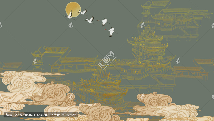 中式金线山水楼阁刺绣背景墙