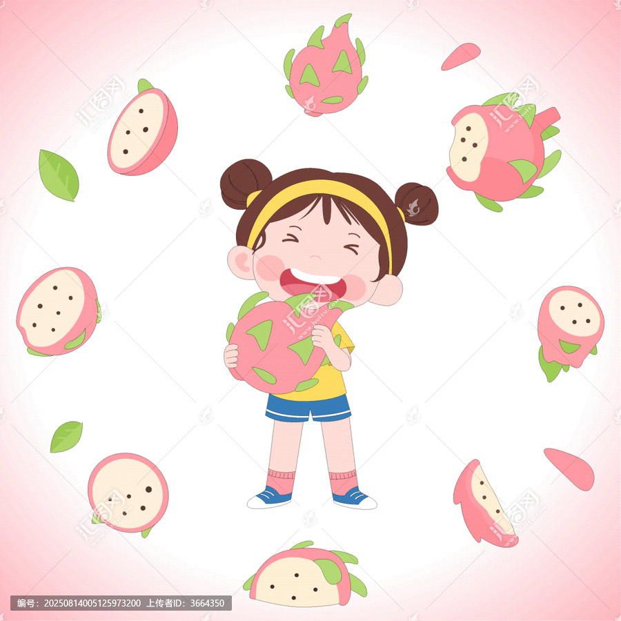 卡通风儿童健康饮食火龙果水果卡片教育插画
