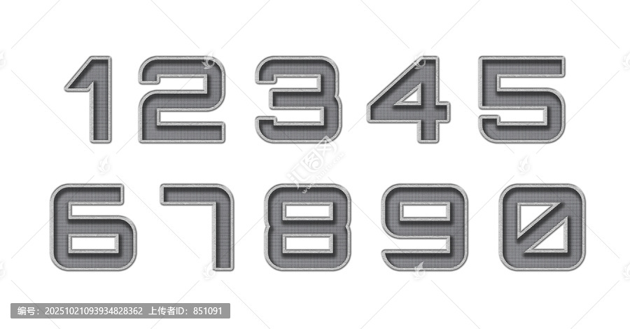 一组数字（1234567890），银色金属带有小孔镂空，孤立于白色背景上的特写